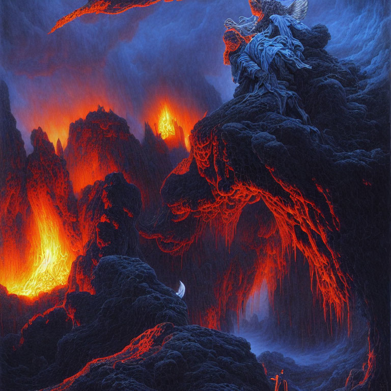 Volcanic landscape with lava rivers, glowing magma, and robed figure.