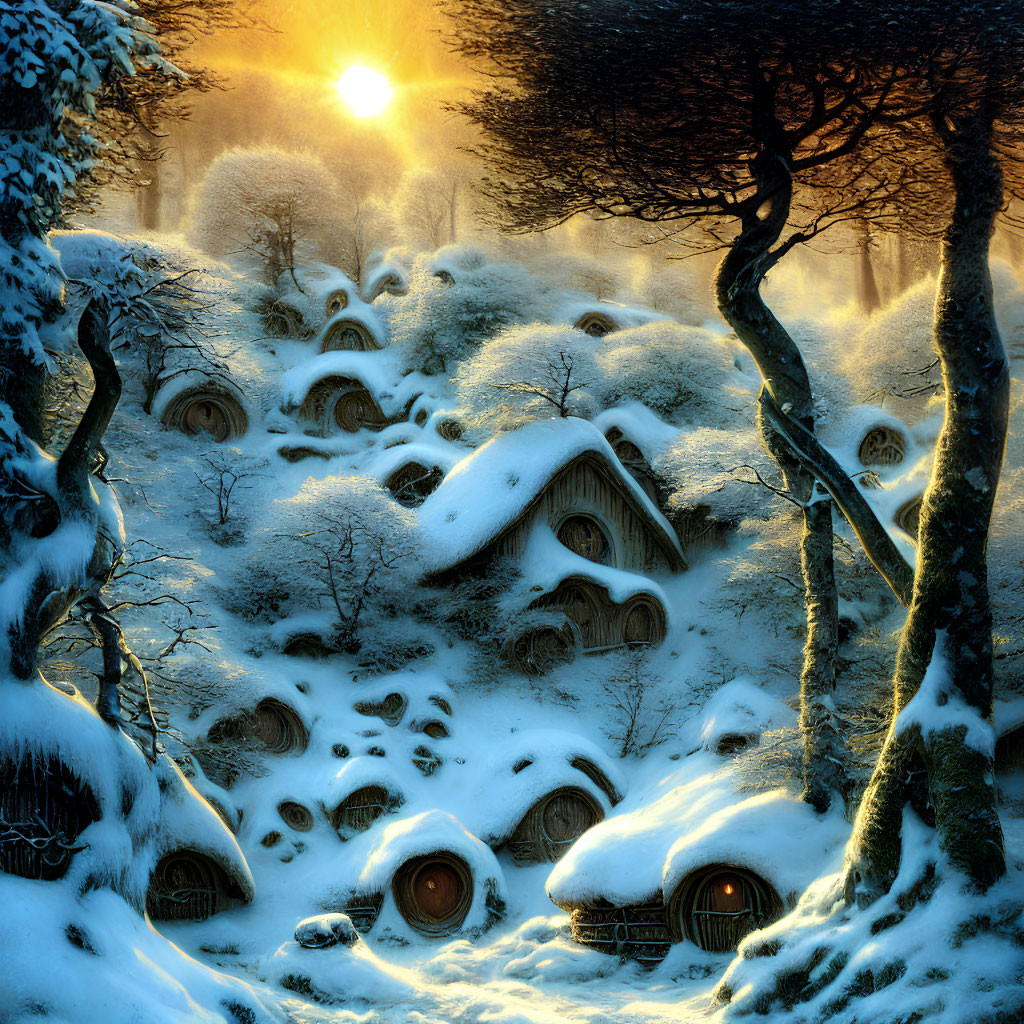 Snow-covered hobbit-like houses in a fantasy winter scene