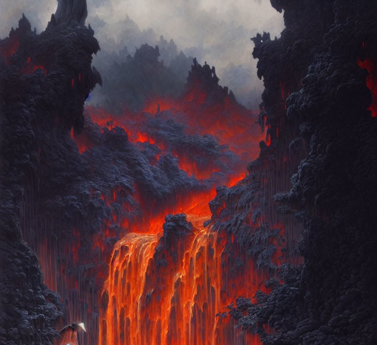 Volcanic landscape with lava waterfalls and dark cliffs