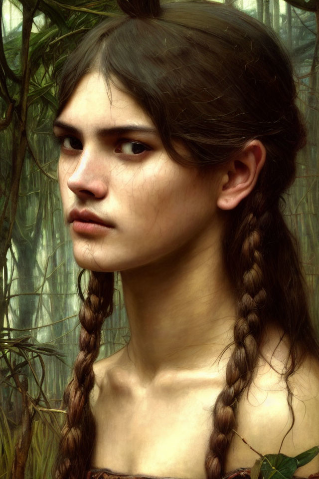 Young woman with braided hair and intense gaze in lush foliage portrait.