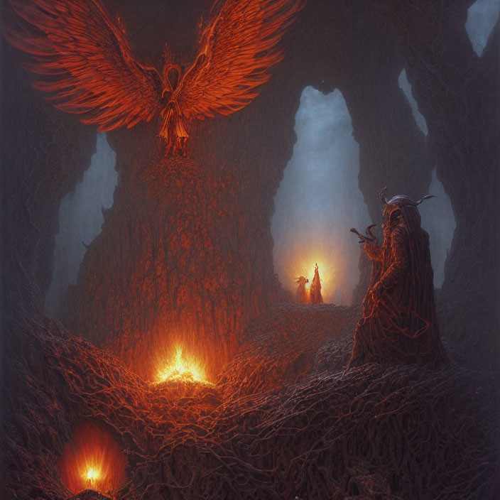 Fantastical cave scene with fiery phoenix, cloaked figure, and fire.