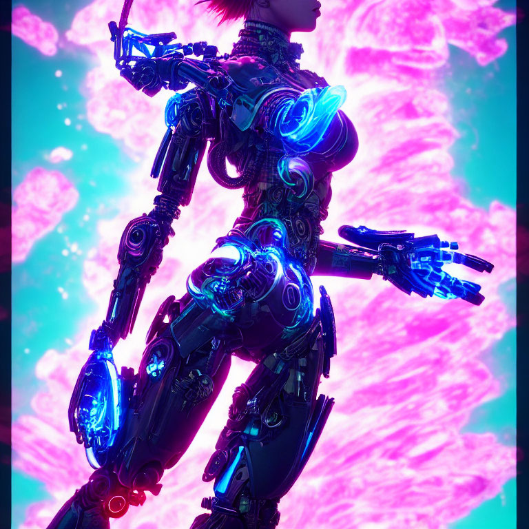 Intricate blue glowing cybernetic female android on vibrant backdrop