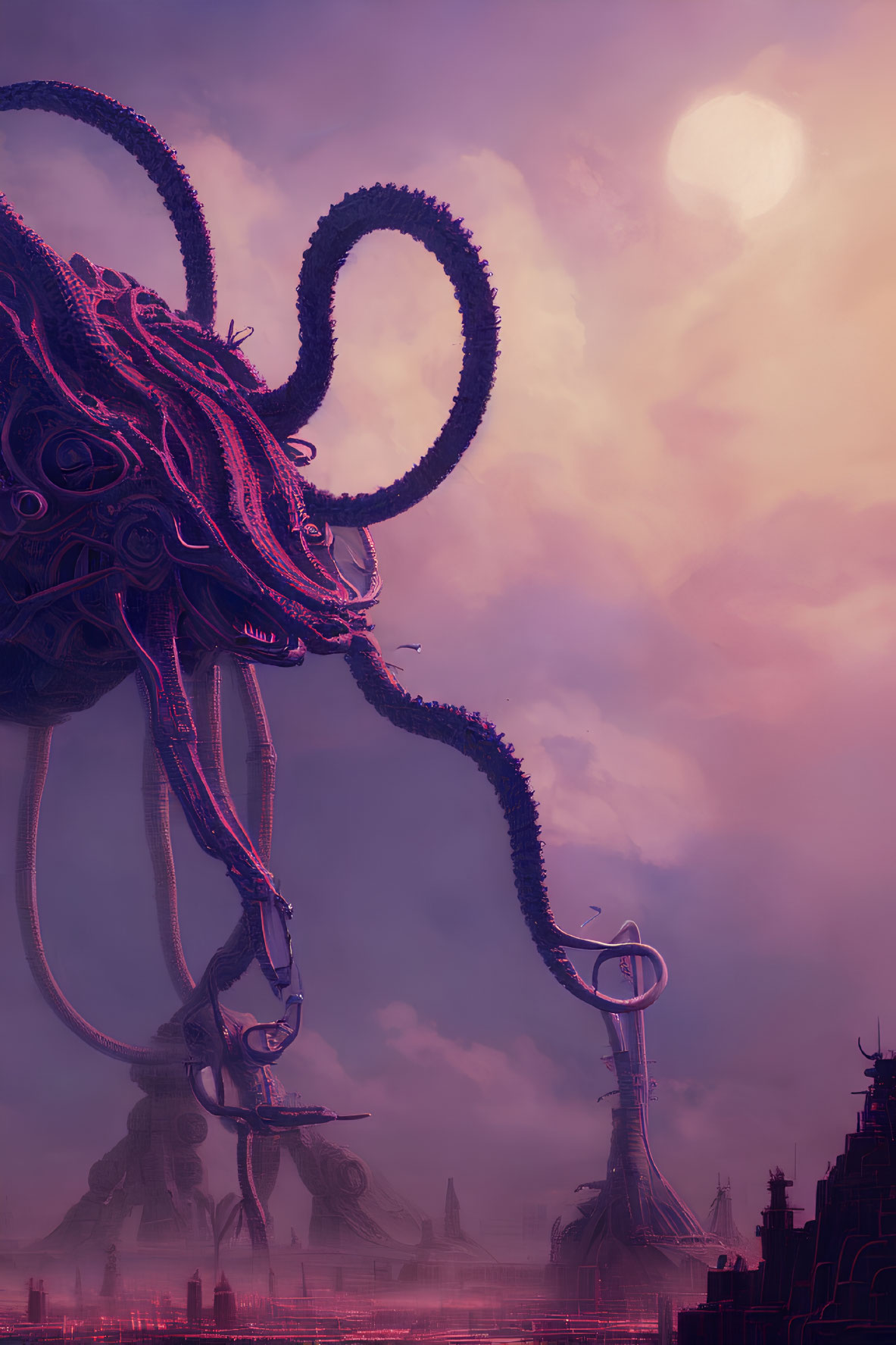 Giant tentacled creature overlooks futuristic cityscape