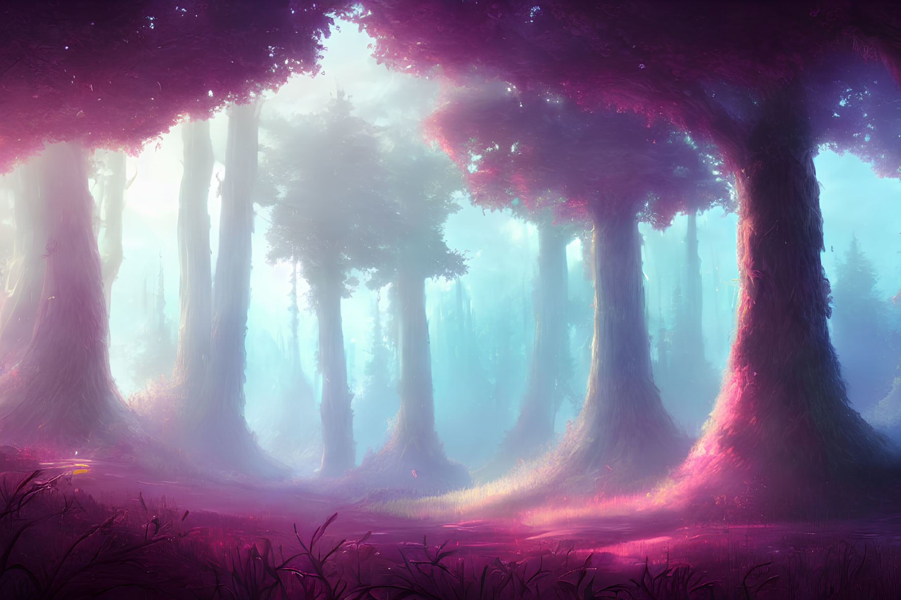 Enchanting forest scene with purple and pink hues, towering trees, and ethereal light.