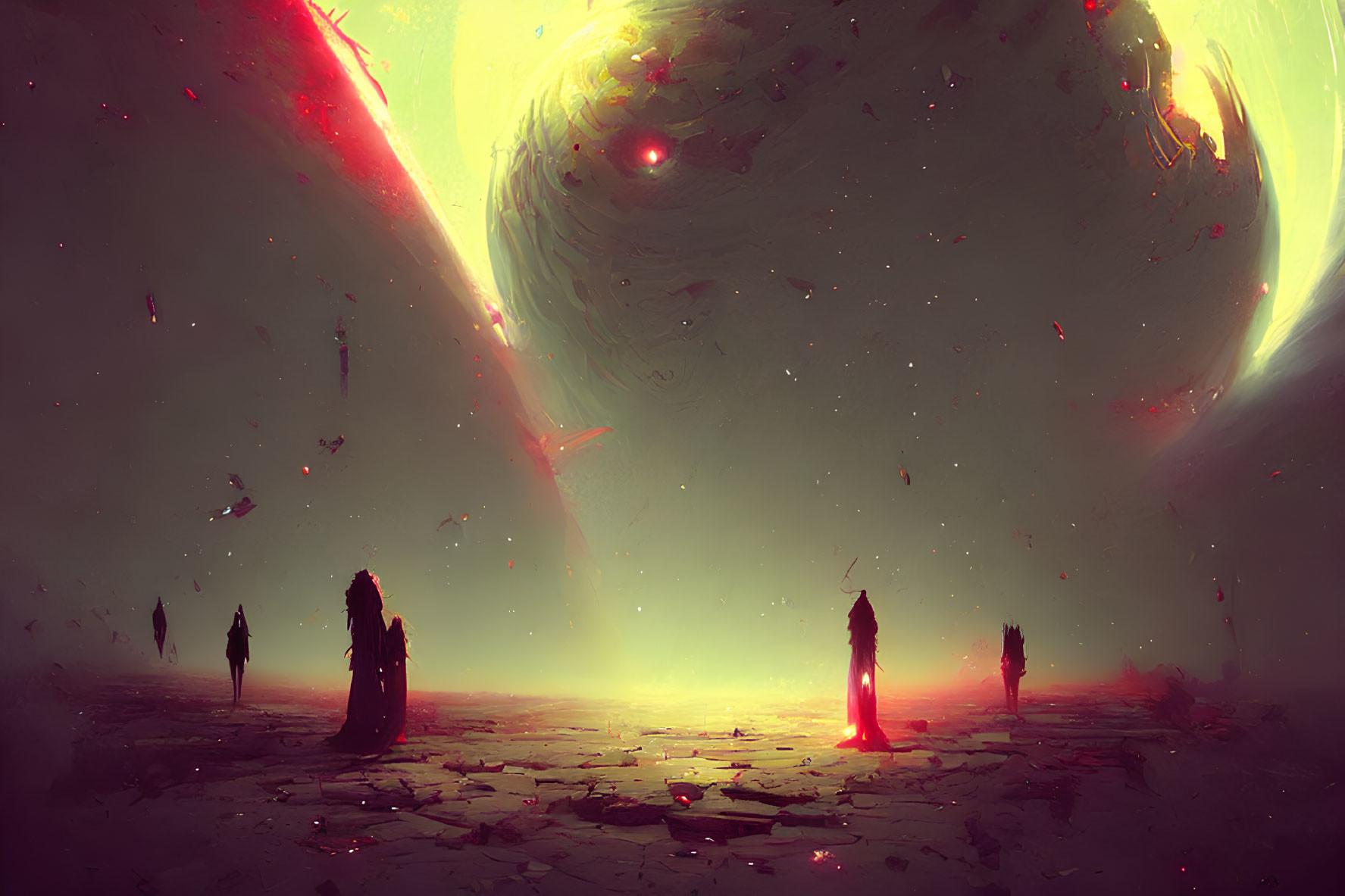 Surreal landscape with figures under a green-lit sky and cosmic anomalies