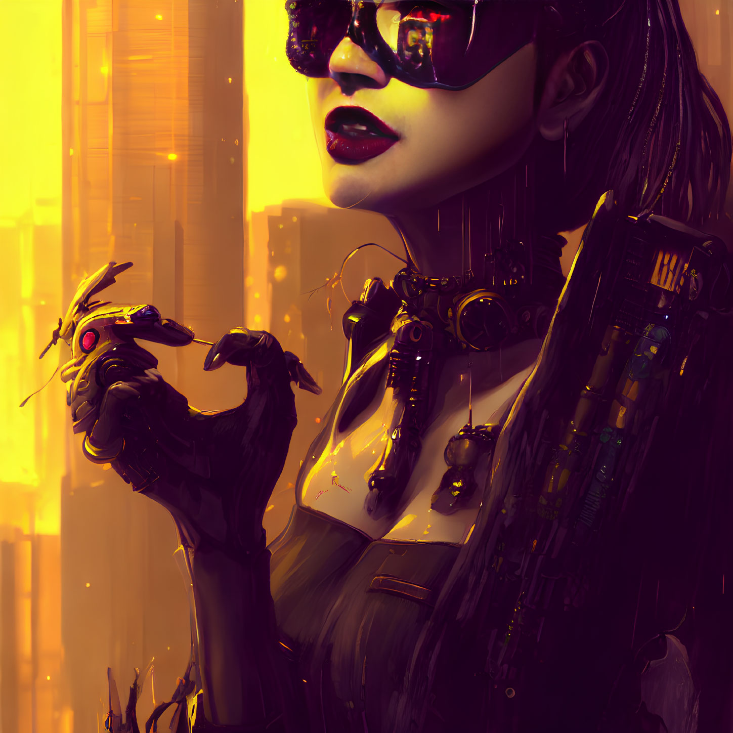Cybernetic female figure with visor glasses holding mechanical insect in golden cityscape