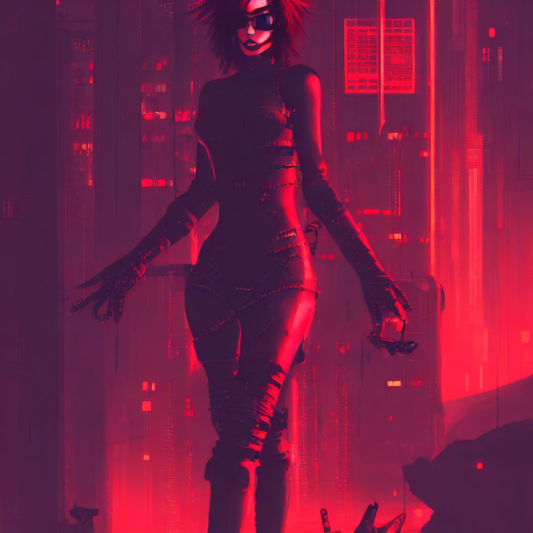 Futuristic cyberpunk female character with cybernetic limbs in neon-lit city