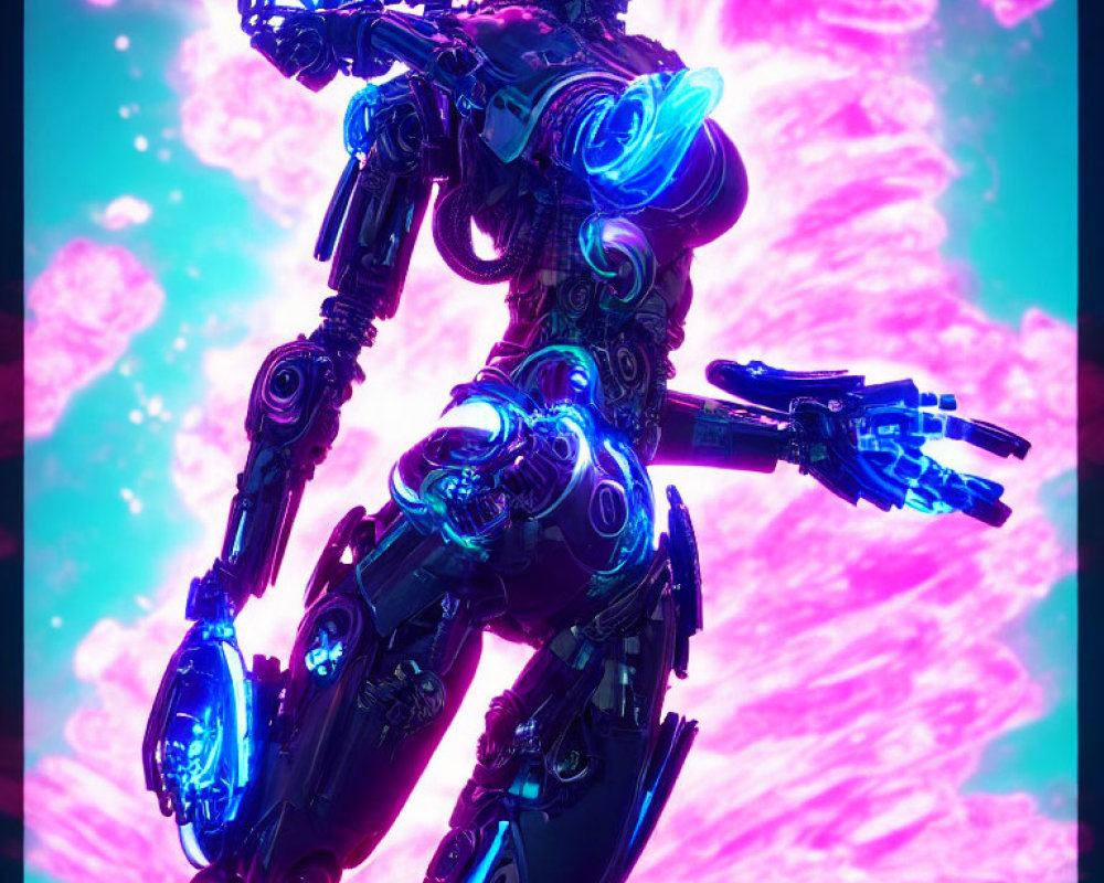 Intricate blue glowing cybernetic female android on vibrant backdrop