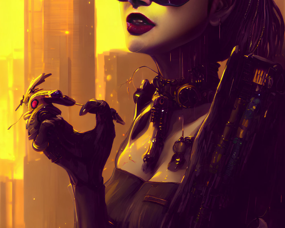 Cybernetic female figure with visor glasses holding mechanical insect in golden cityscape