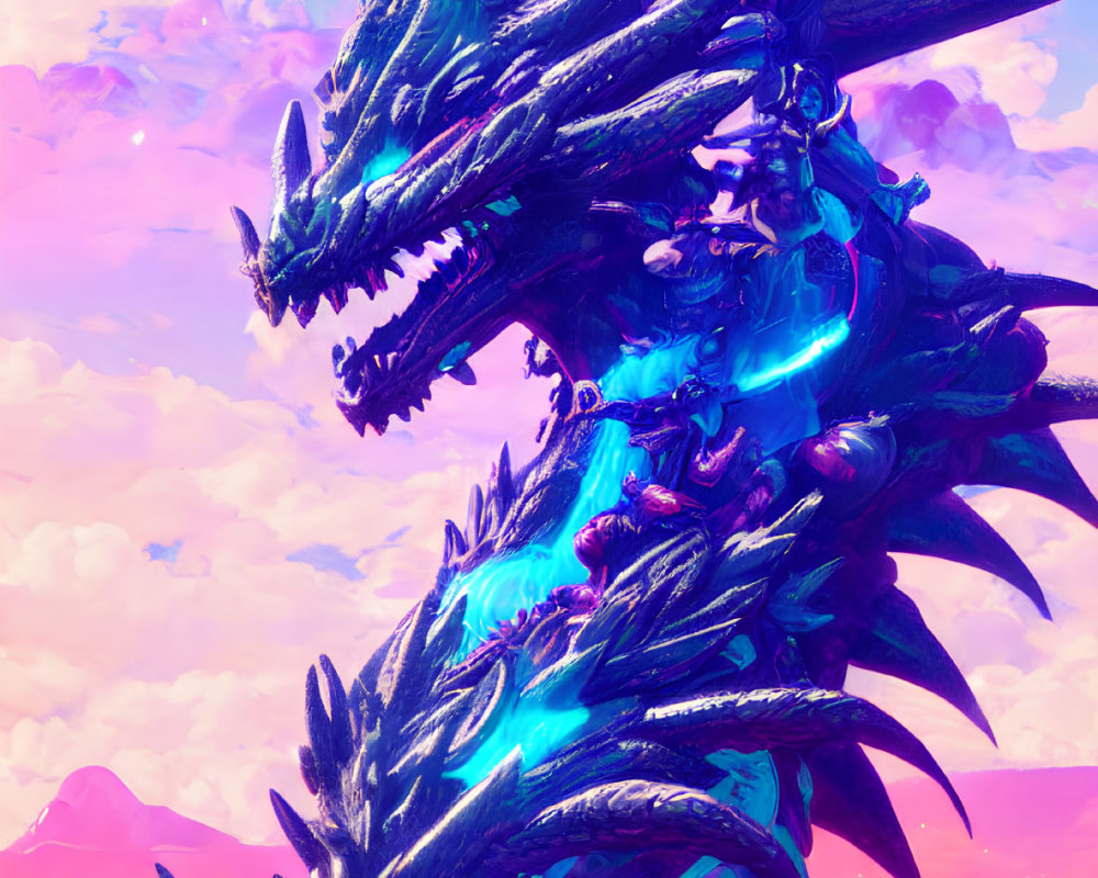 Digital Artwork: Fierce Multi-Headed Dragon in Blue Glow on Pink and Purple Sky