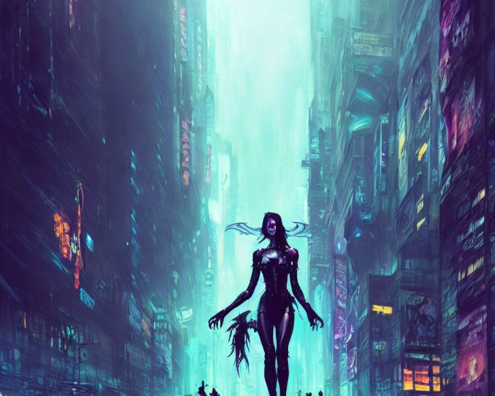 Silhouetted figure in futuristic neon-lit cyberpunk cityscape