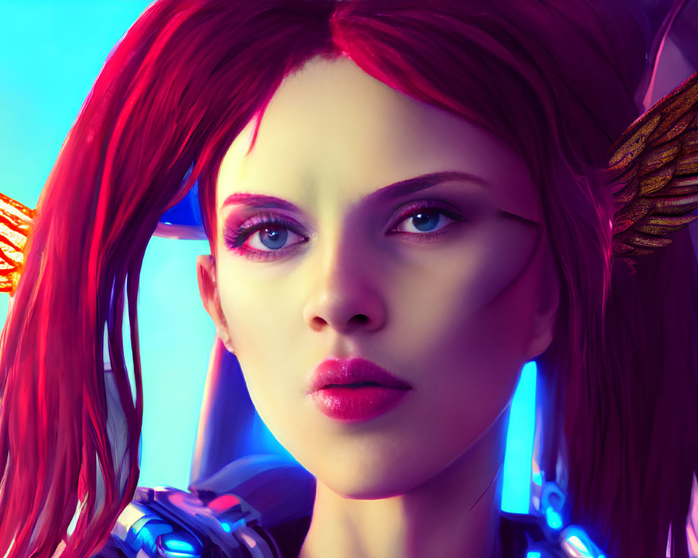 Red-haired female character with golden winged earrings in cybernetic attire on blue and pink backdrop