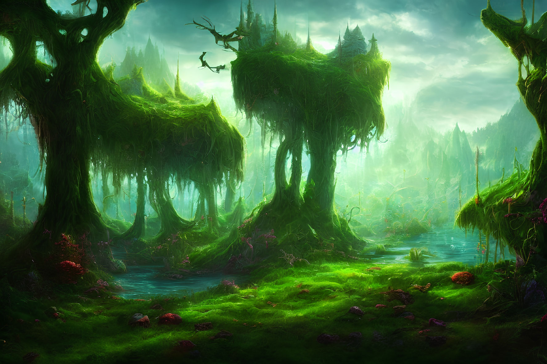 Ethereal green forest with moss-covered trees and serene river