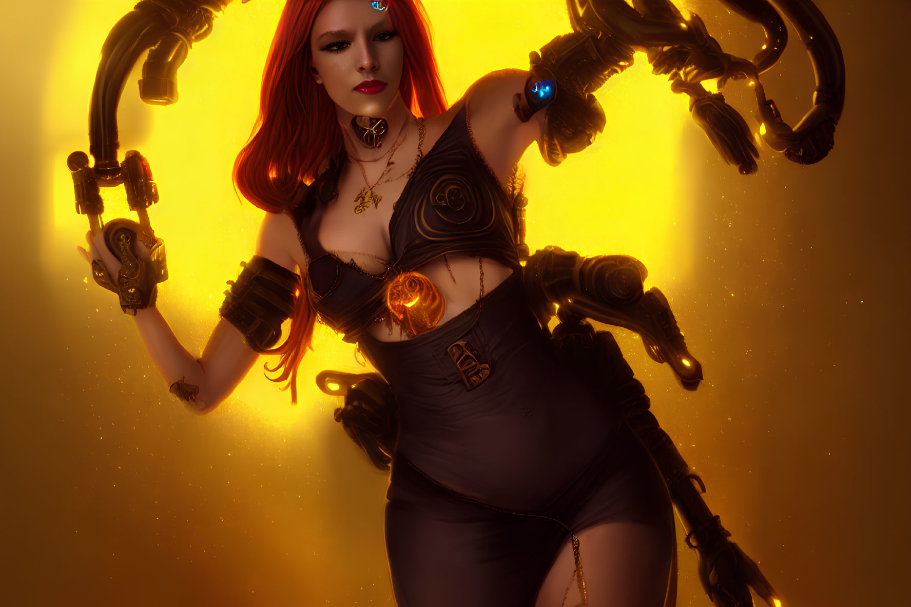 Stylized image of woman with red hair and cybernetic arms in futuristic setting