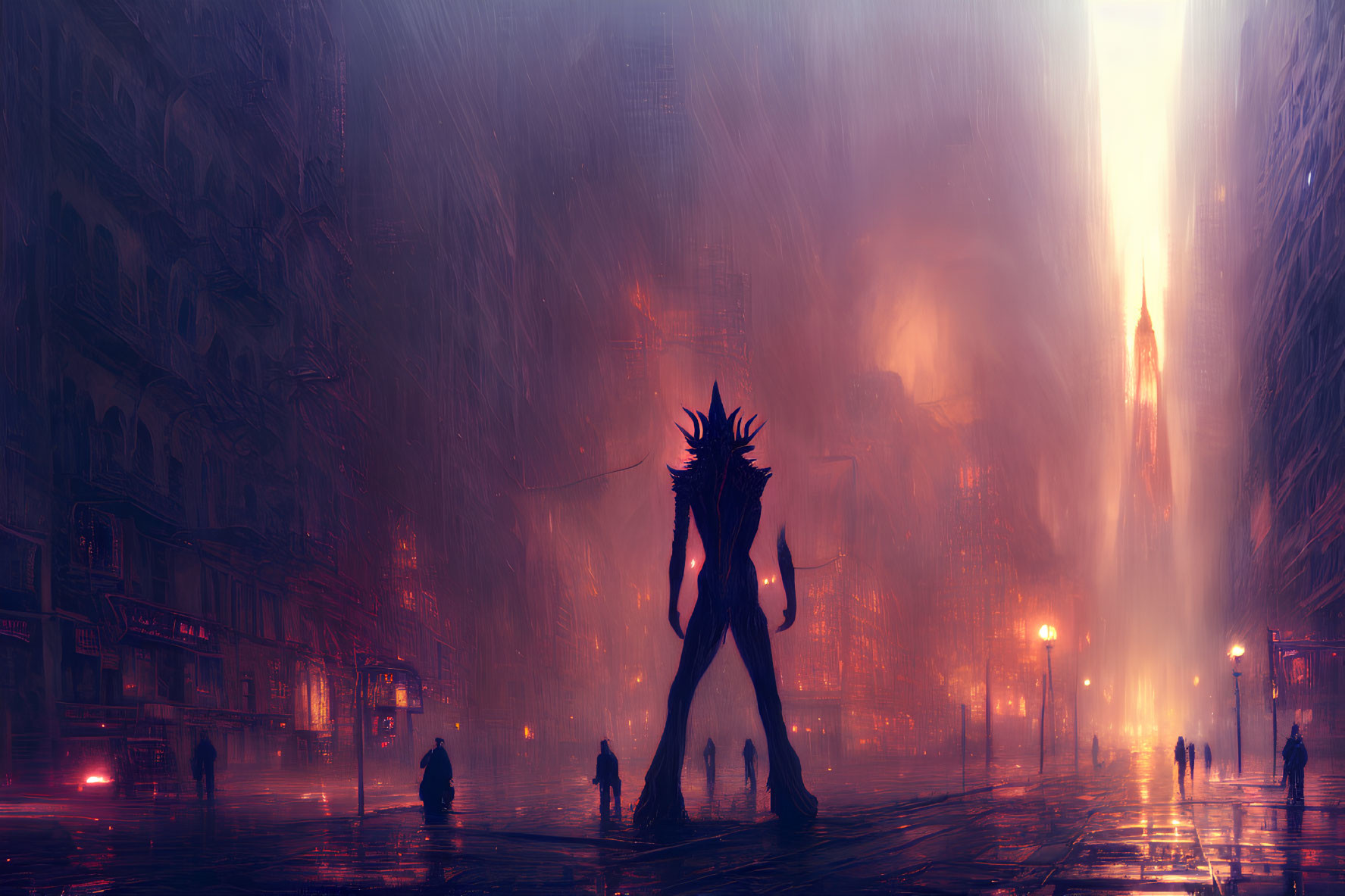Silhouette with Spiky Hair in Rainy Cyberpunk Cityscape