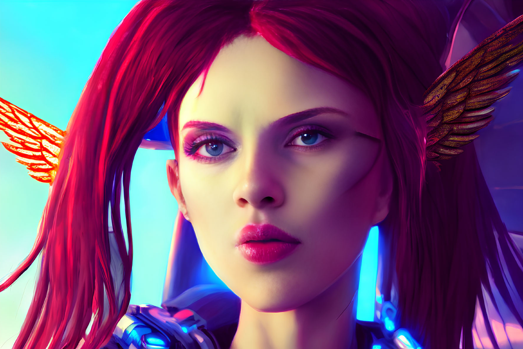 Red-haired female character with golden winged earrings in cybernetic attire on blue and pink backdrop