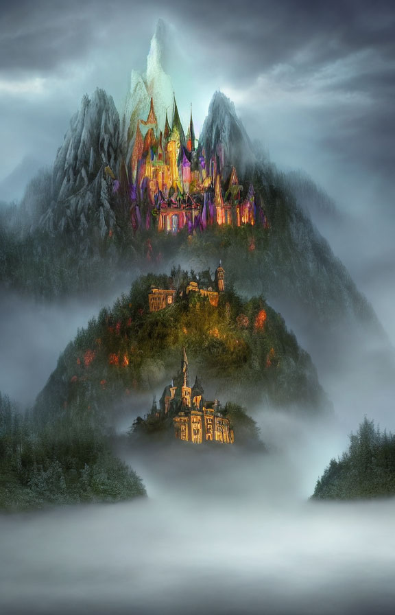 Majestic castle and cozy chateau in mountain twilight