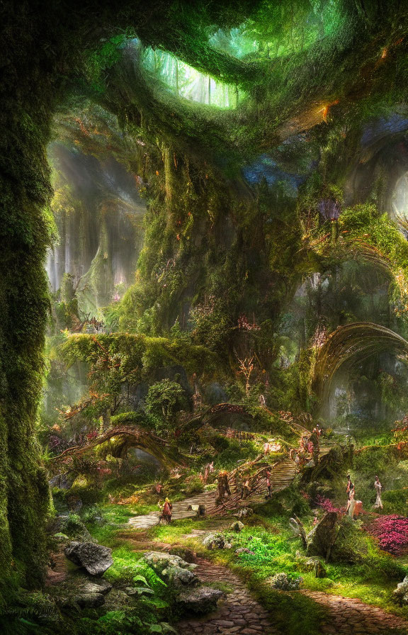 Mystical forest scene with towering trees, stone bridge, and figures exploring vibrant landscape