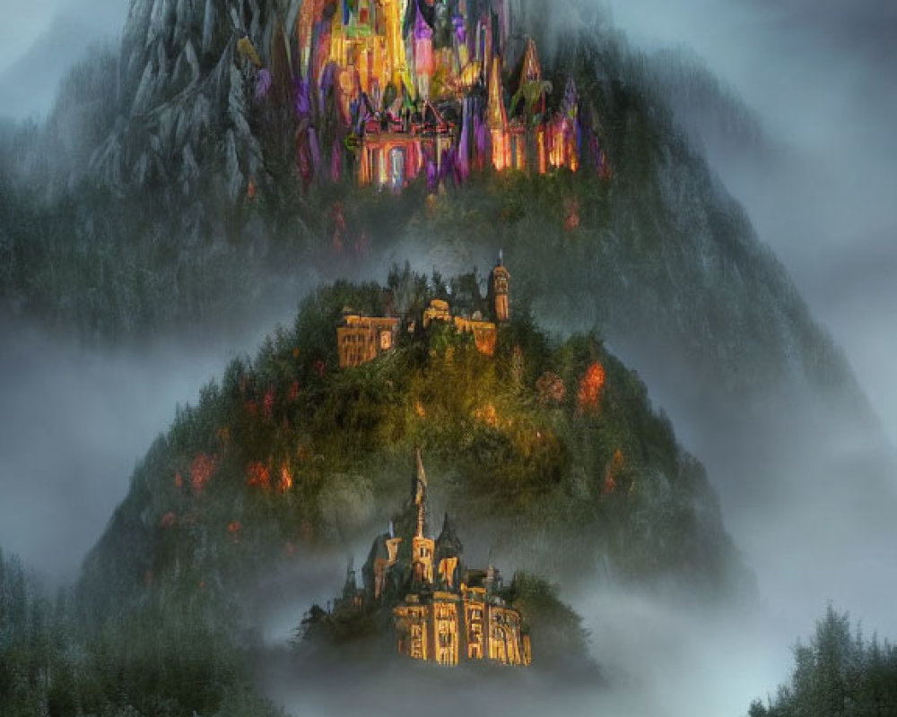 Majestic castle and cozy chateau in mountain twilight