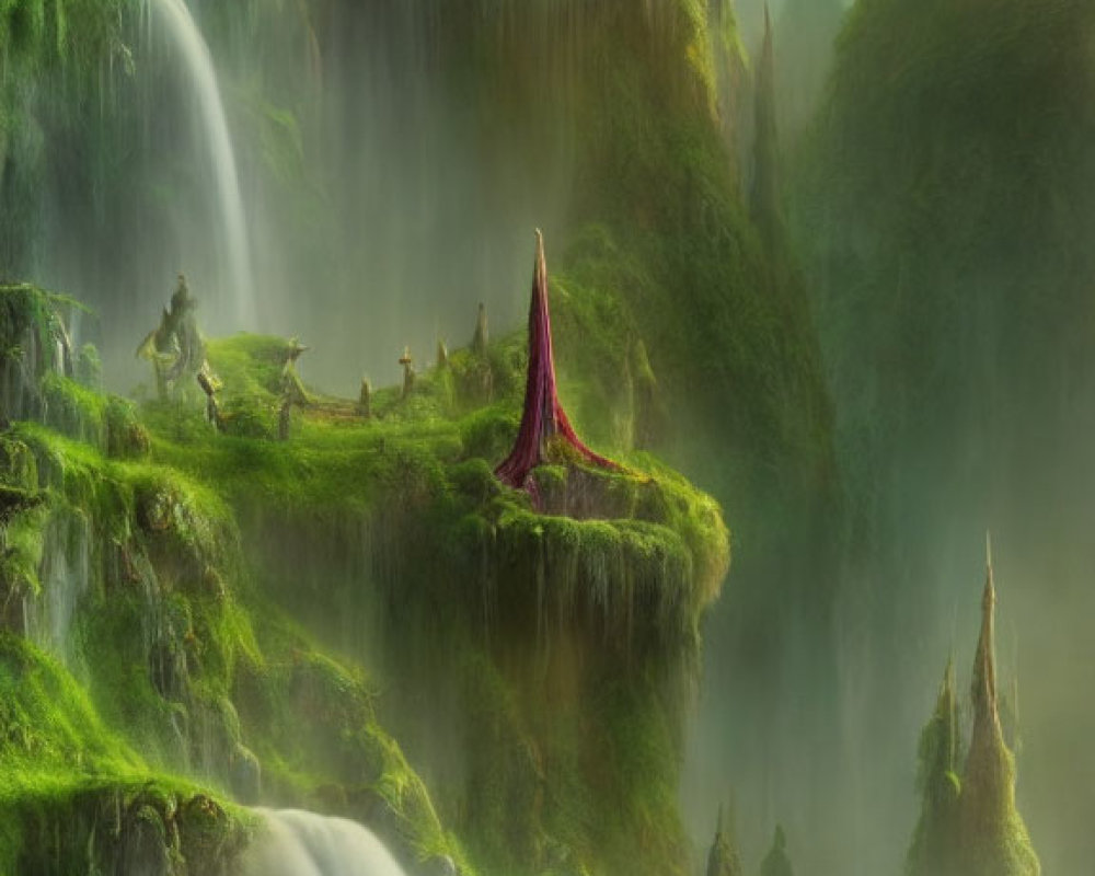 Mystical landscape with waterfalls, spires, cloaked figure, and serene lake