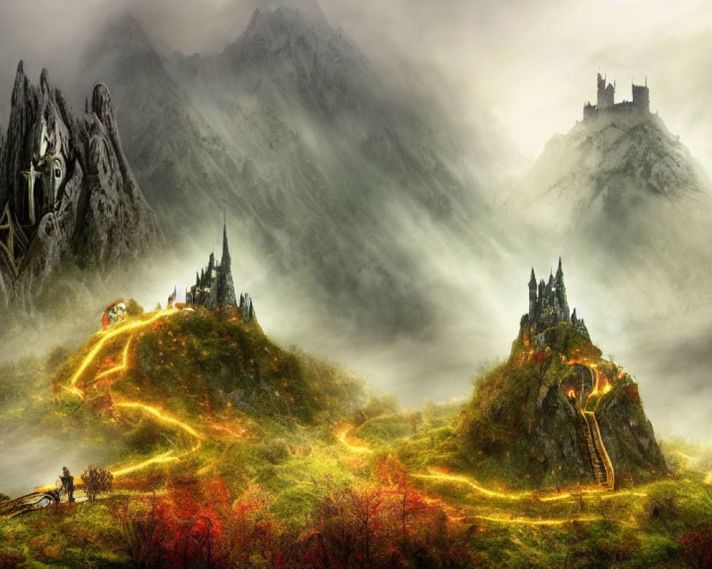 Fantasy landscape with illuminated paths and towering castles in misty mountains.