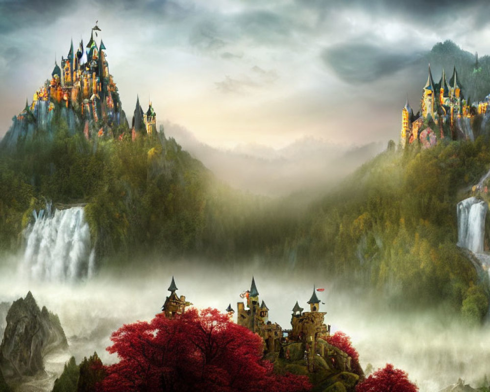 Mystical landscape featuring multiple castles, lush peaks, waterfalls, mist, and vibrant red