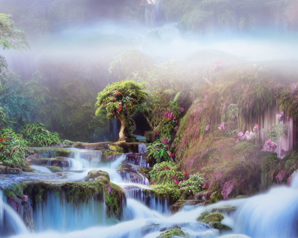 Mystical landscape with waterfalls, lush greenery, twisted tree, flowers, and mist