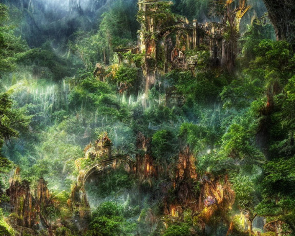 Enchanting forest with ruins, waterfalls, mist, and mountains