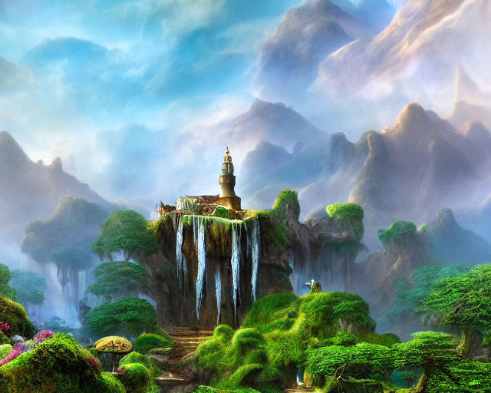 Colorful Fantasy Landscape with Waterfall, Pagoda, and Butterfly