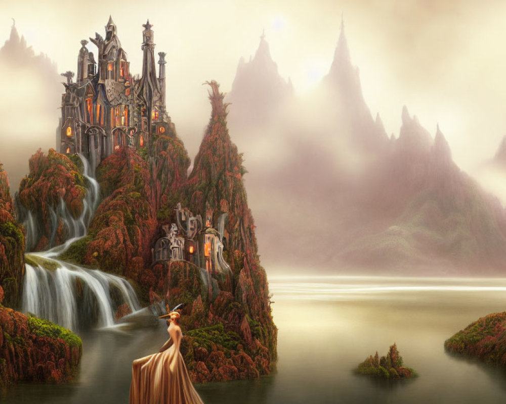 Woman in flowing dress with grand castle on waterfall in mystical landscape
