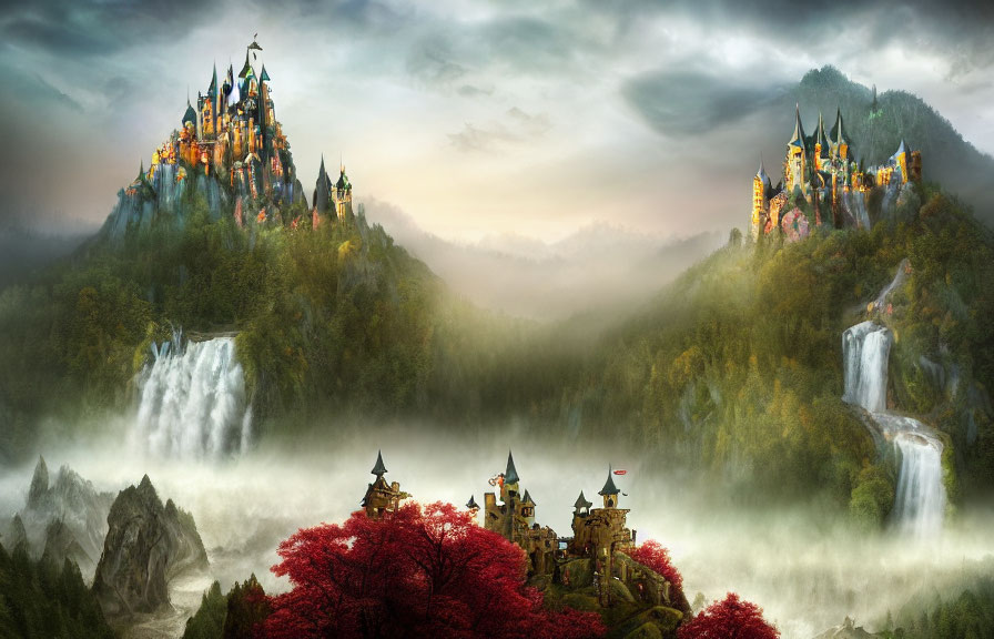 Mystical landscape featuring multiple castles, lush peaks, waterfalls, mist, and vibrant red