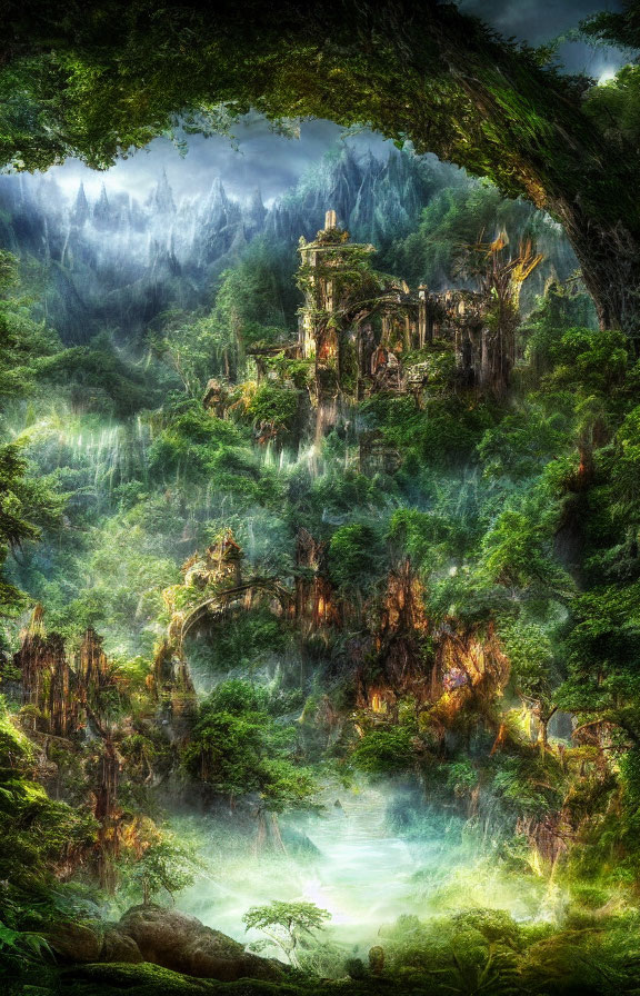 Enchanting forest with ruins, waterfalls, mist, and mountains
