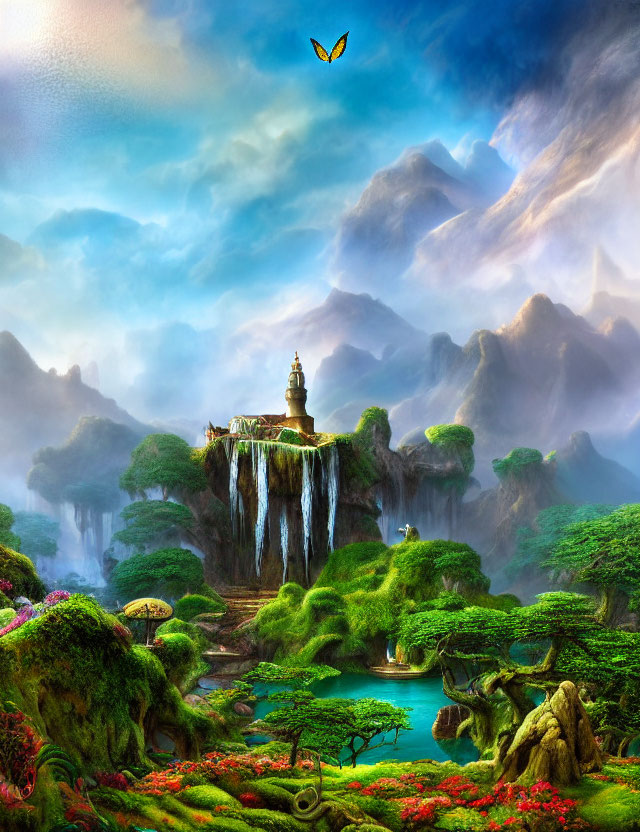 Colorful Fantasy Landscape with Waterfall, Pagoda, and Butterfly