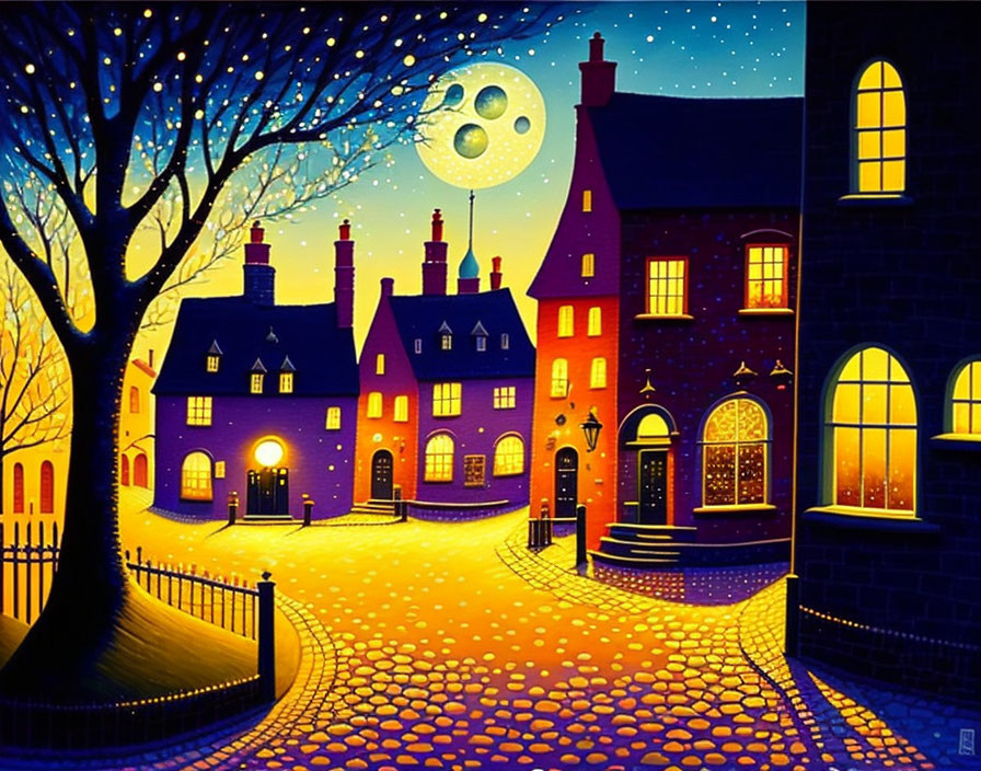 Moonlit village illustration with cobblestone paths, warmly lit houses, leafless tree, and star