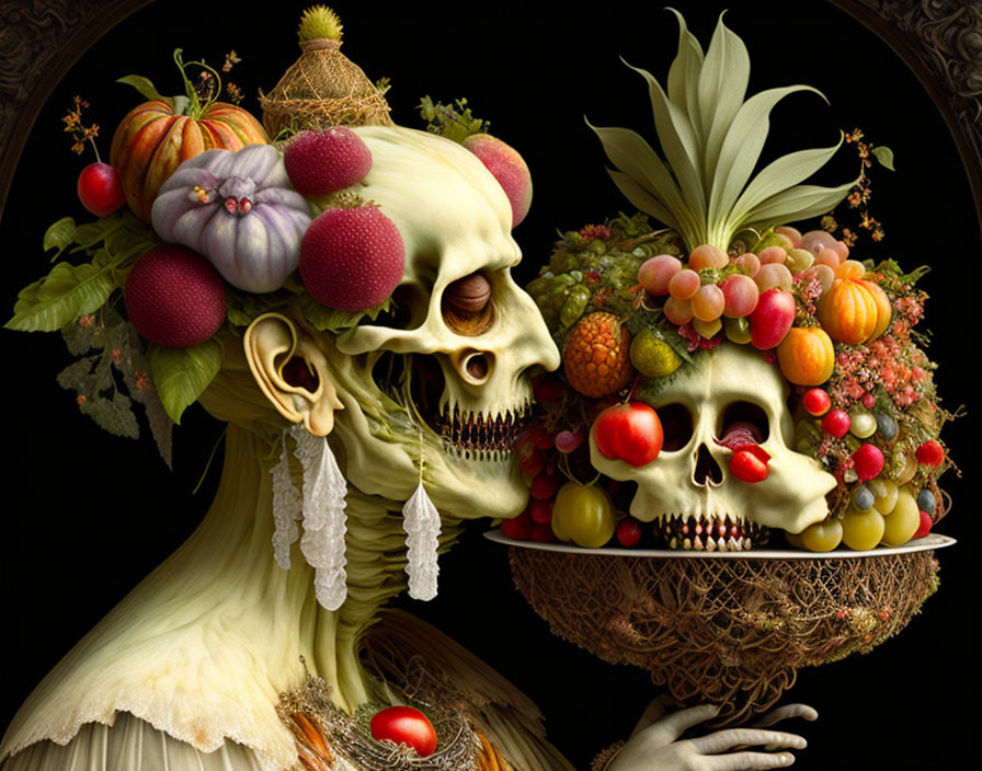 Intricately detailed skull figures with colorful fruits and flowers against a dark background