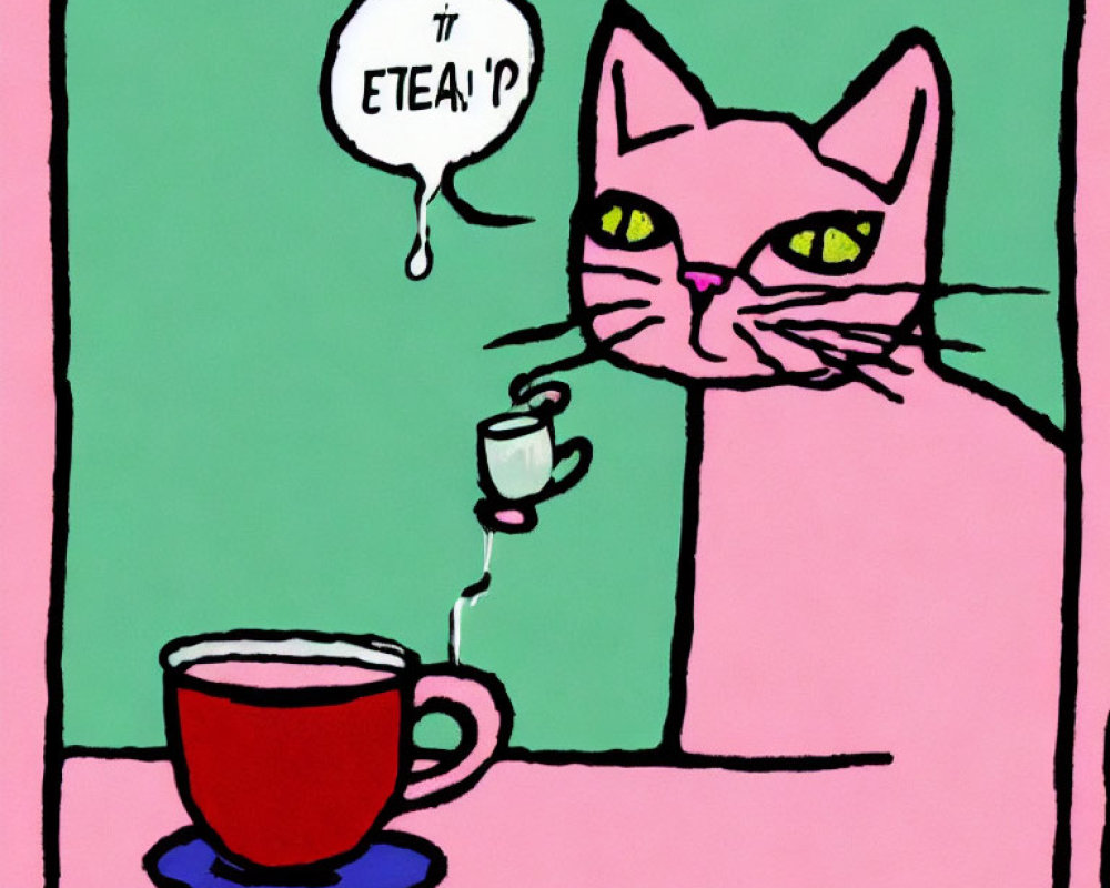 Pink cartoon cat with speech bubble "π TEA?" gazes at steaming cup