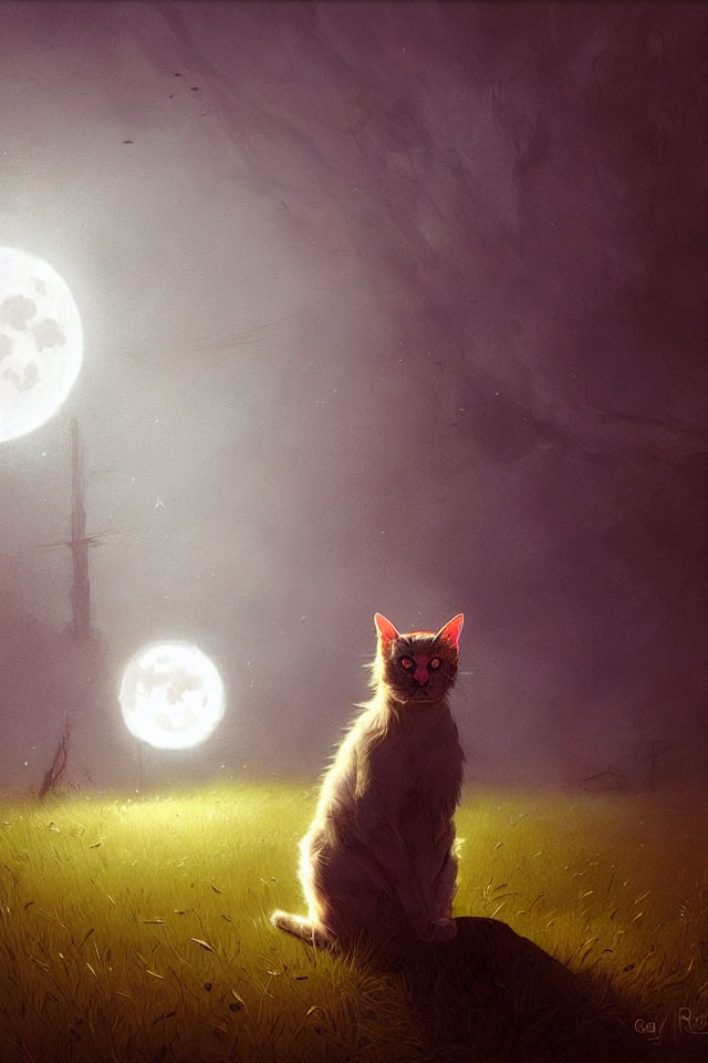 Fluffy Cat Under Eerie Two-Moon Night Sky