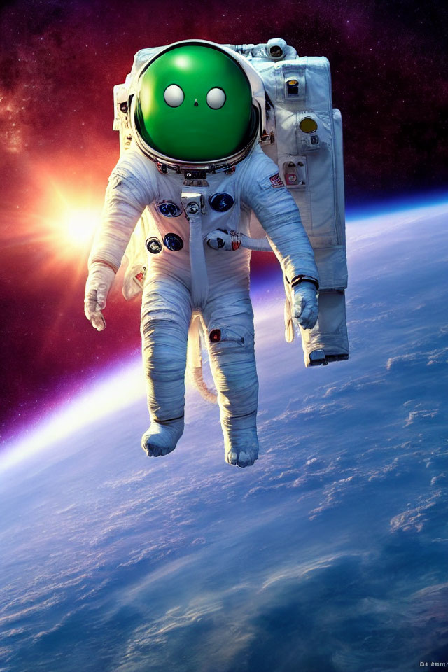 Astronaut in white space suit with Earth background and green cartoonish head