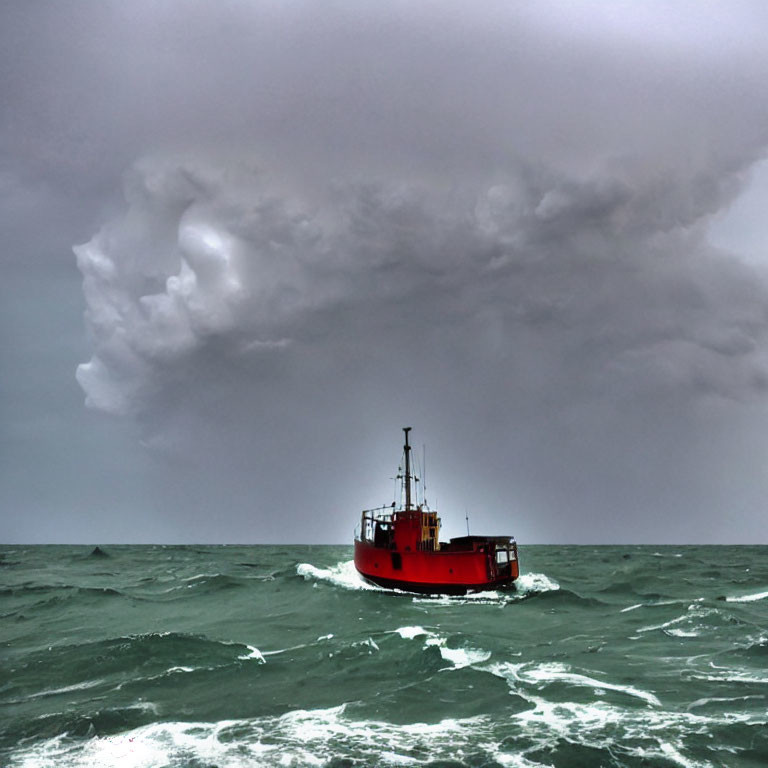 Red Boat in Stormy Seas with Ominous Sky
