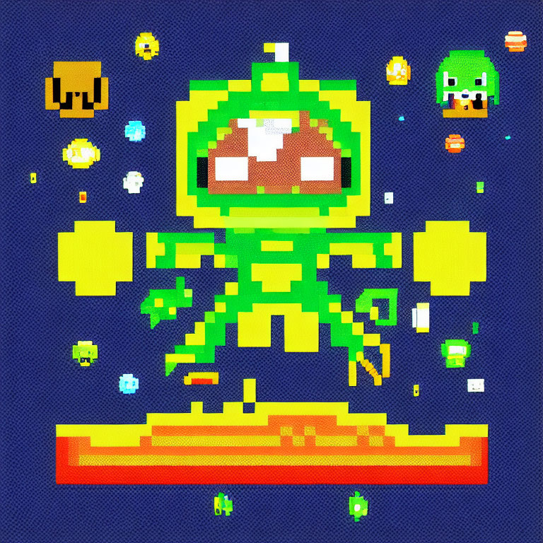 Green alien pixel art in space with saucers and stars