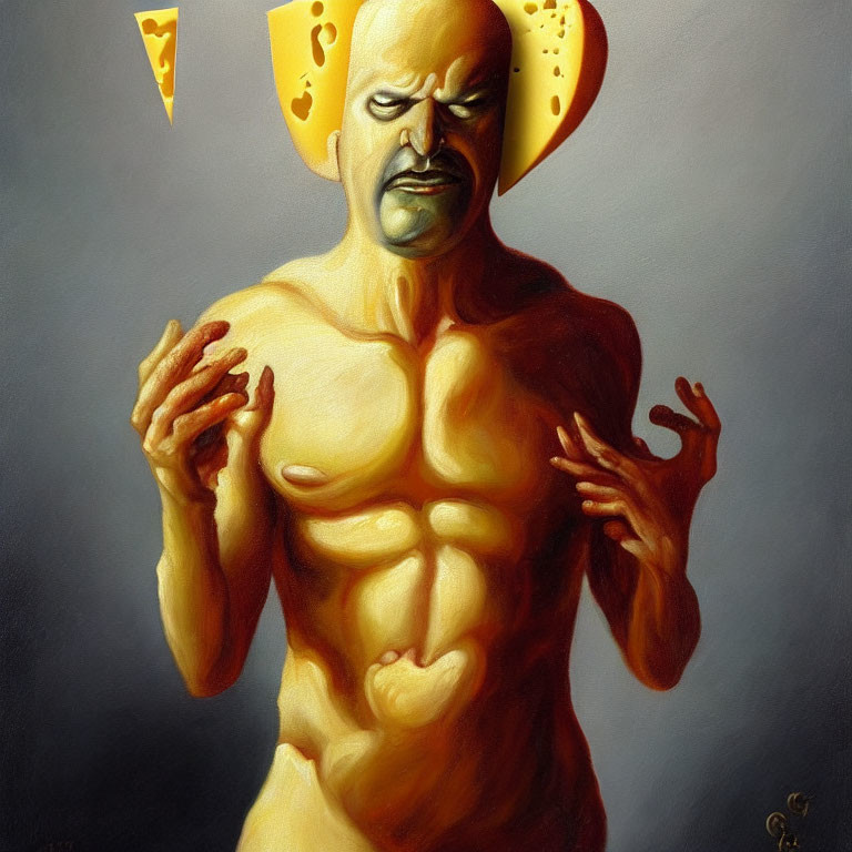 Muscular Bald Man with Cheese Slice Ears in Surreal Painting