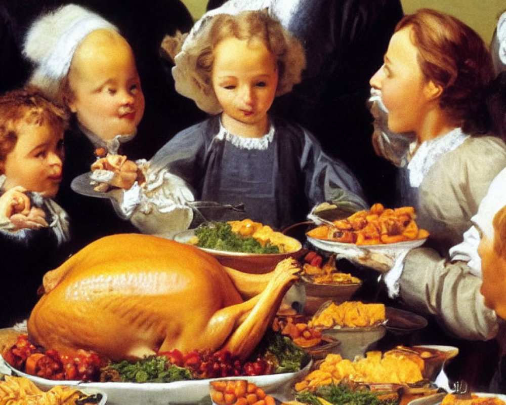 Family Gathering Around Festive Meal with Roasted Turkey Centerpiece