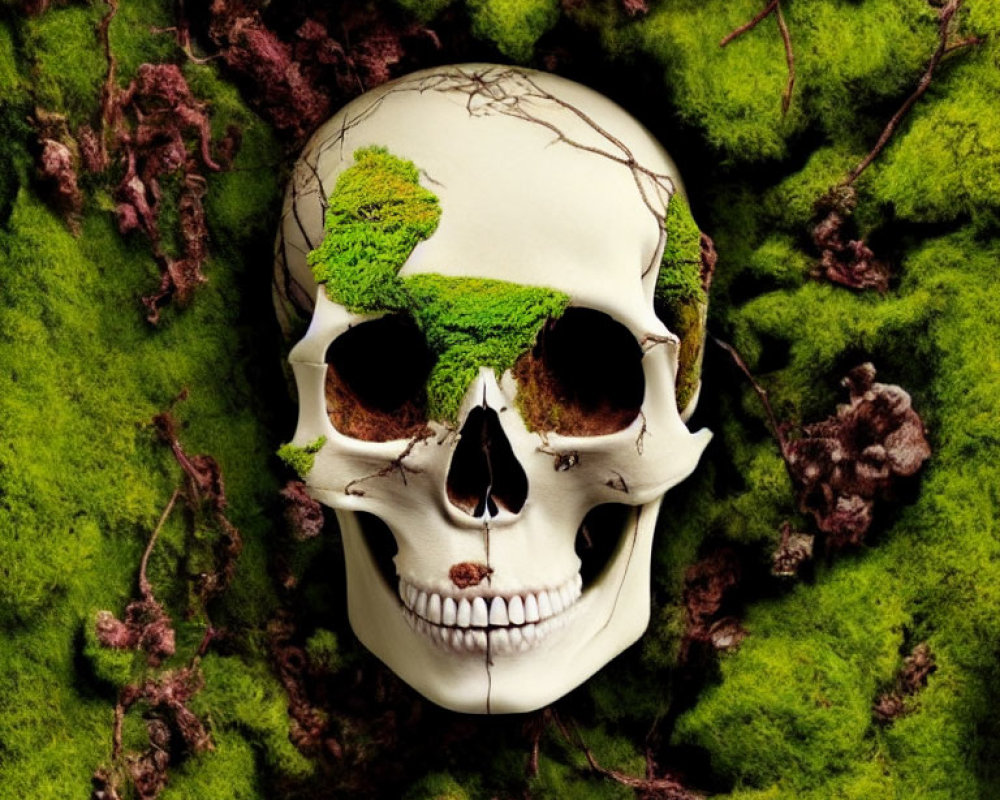 Green Moss Covered Human Skull Surrounded by Lush Plants
