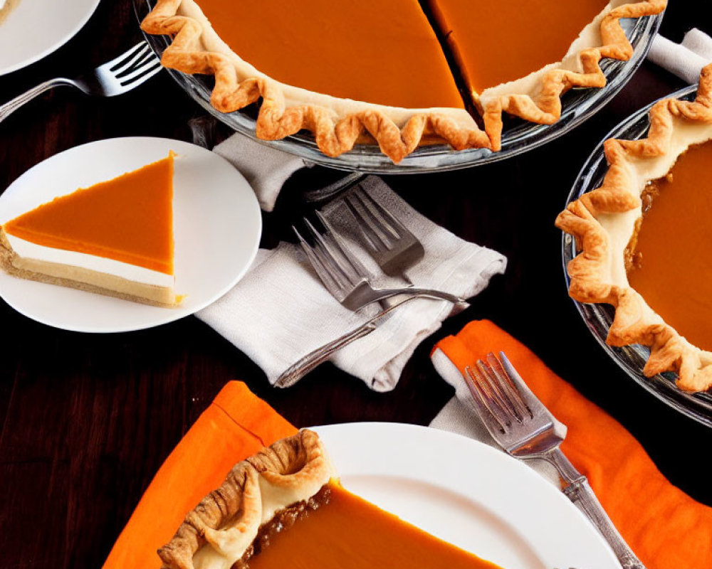 Three Pumpkin Pies Sliced on Plates with Forks on Dark Wood Table
