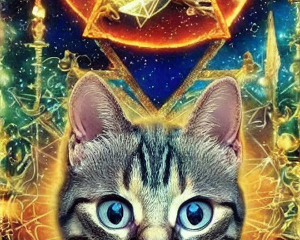 Surreal digital artwork: cat with blue eyes in cosmic scene