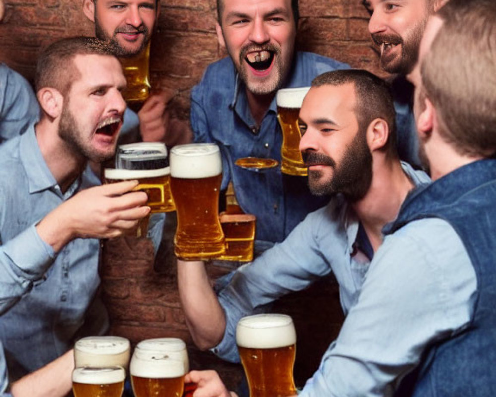 Group of men laughing and toasting with beer glasses at a bar