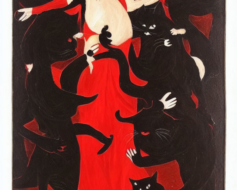 Red-Haired Woman in White Blouse with Black Cats