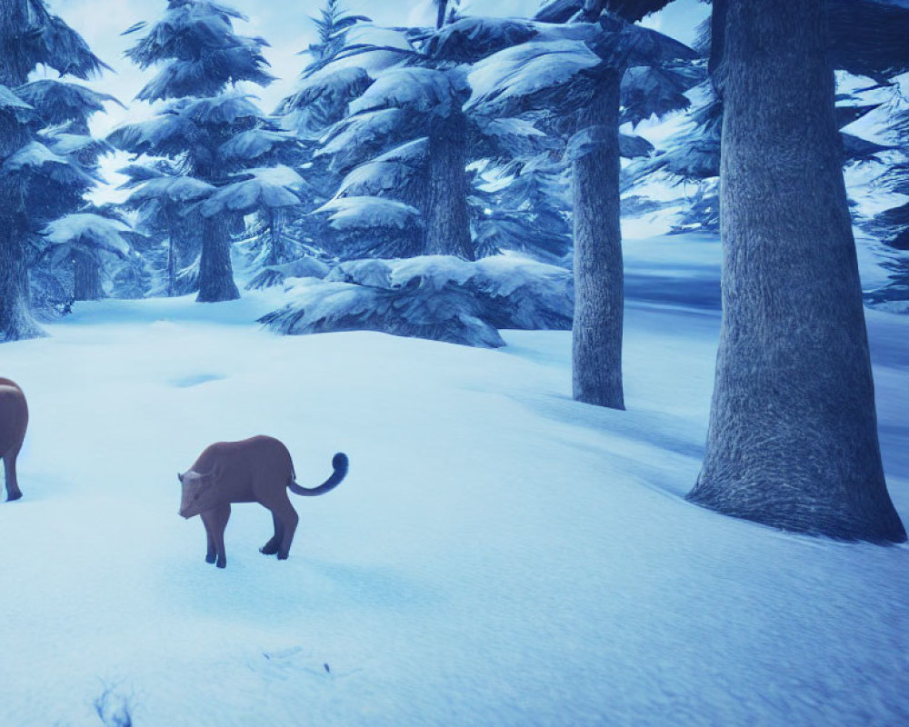 Winter scene with pine trees and two cougars in the snow