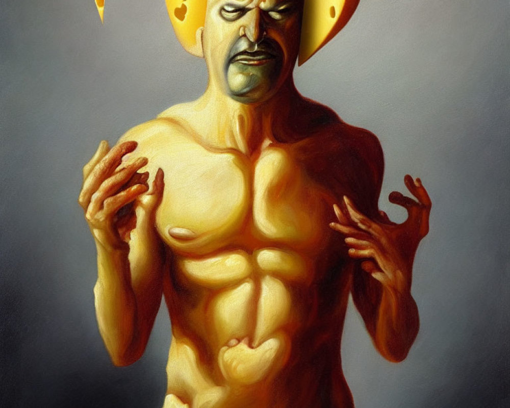 Muscular Bald Man with Cheese Slice Ears in Surreal Painting