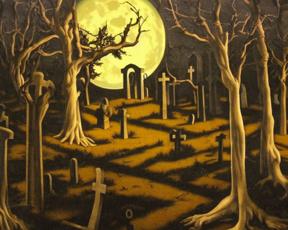Moonlit graveyard with barren trees and crosses under full moon